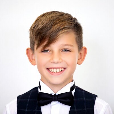 Boy smiling in black bow tie vest