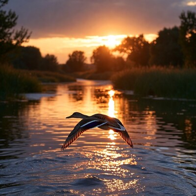 Mallard Duck Flying over River at Sunset