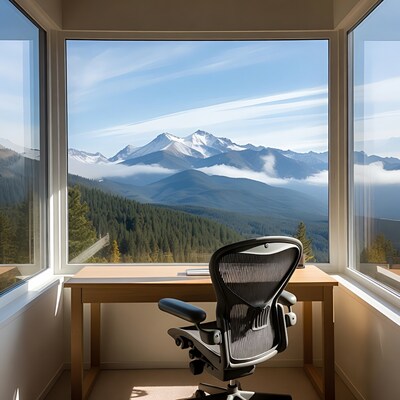Office desk with mountain view
