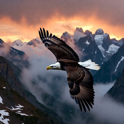 Bald Eagle Flying Over Snowy Mountains