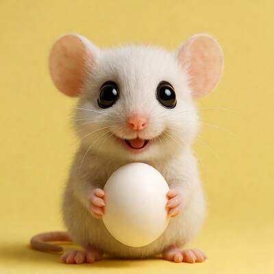 White mouse holding egg