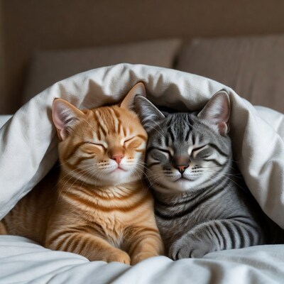 Orange and gray kittens sleeping under blanket