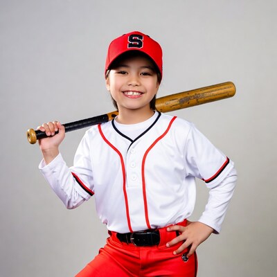Asian girl in baseball uniform with bat