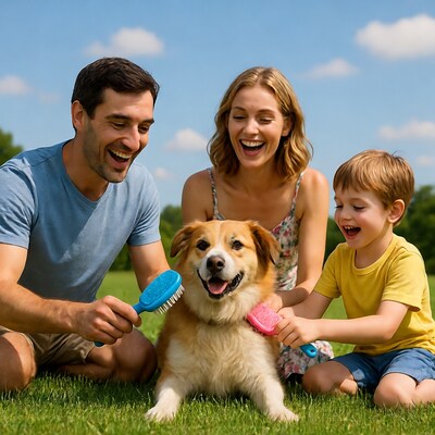 Family brushing golden retriever dog outdoors