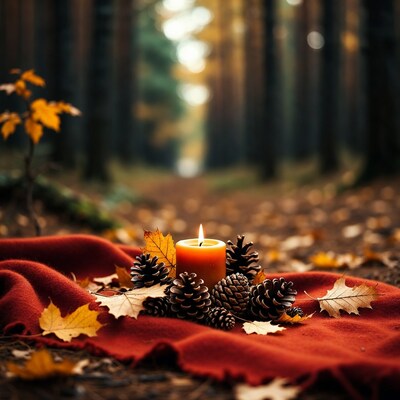 Candle with pinecones on red cloth in autumn forest
