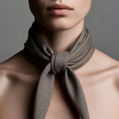 Woman wearing knotted neck scarf