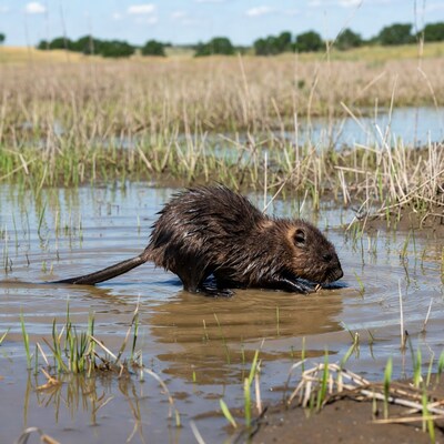 Wet beaver eating in marsh
