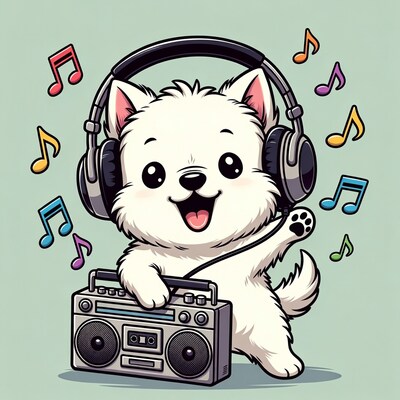 Cute white puppy with headphones and boombox