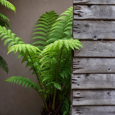 Lush Fern Plant Against Gray Wall and Wood
