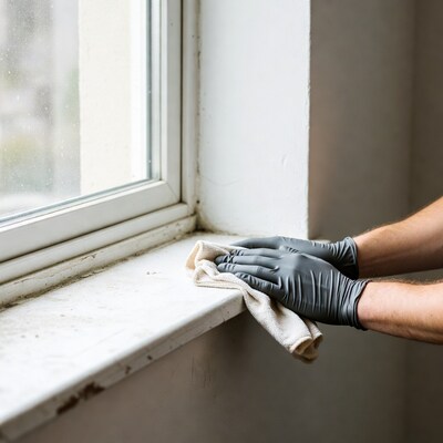 Man cleaning window with rag and gloves