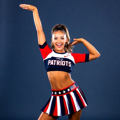 New England Patriots cheerleader posing energetically