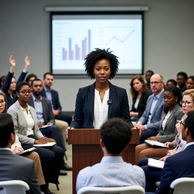 African-American woman speaking at business meeting