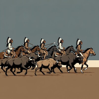Indigenous men hunting buffalo on horseback