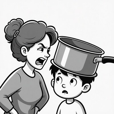 Angry mom scolding boy with pot on head
