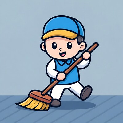 Cartoon boy sweeping with broom