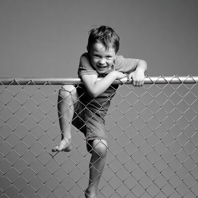 Boy smiling on chain link fence