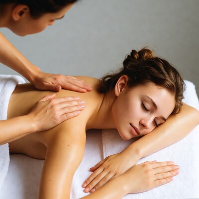 Woman receiving back massage from therapist