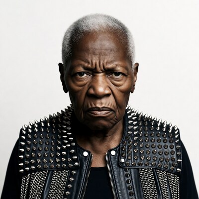 Elderly African-American man in spiked leather vest