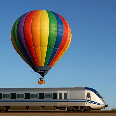 Rainbow hot air balloon over silver train