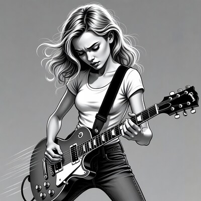 Blonde woman playing electric guitar