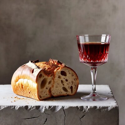Bread loaf and red wine glass