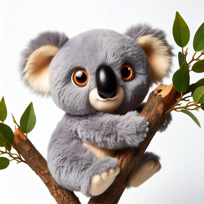 Cute koala plush toy on branch