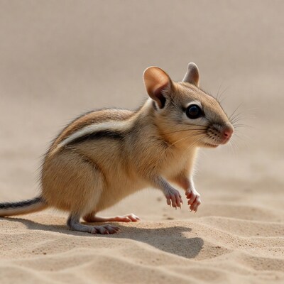 Cute chipmunk standing on sand