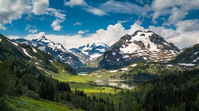 Snowy Mountains with Lake and Valley