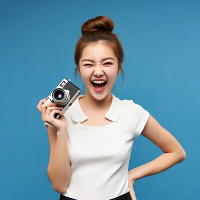 Asian girl laughing with vintage camera
