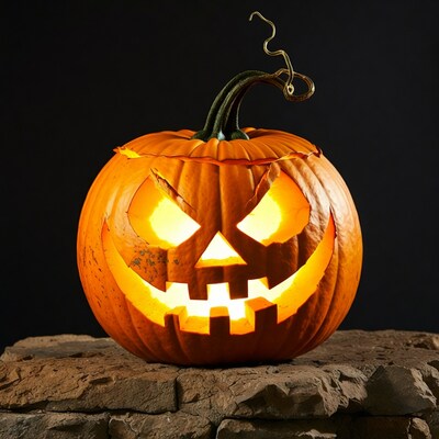Lit Jack-o-Lantern on Rocks