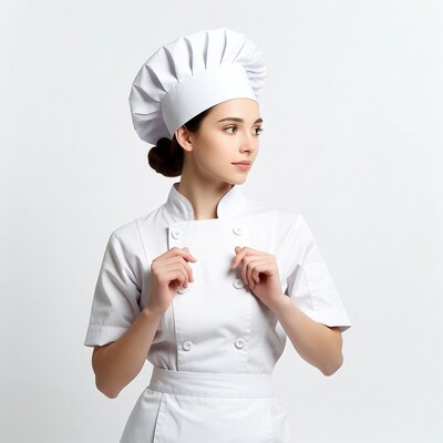 Young woman in white chef uniform