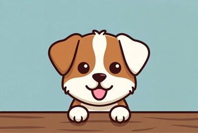 Cute puppy peeking over wooden table
