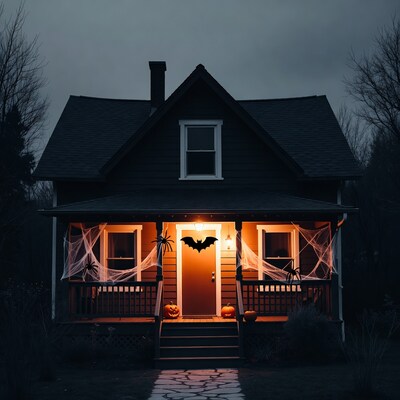 Haunted House with Halloween Porch Decorations