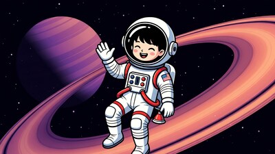 Asian boy astronaut waving near Saturn