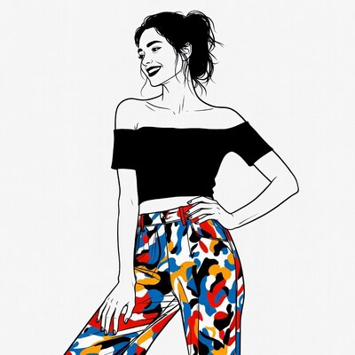 Woman in off-shoulder top and colorful jeans