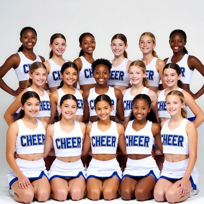 Diverse cheerleading team posing together