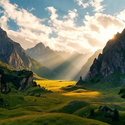 Sunbeams over green mountain valley