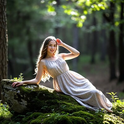 Young woman lounging on mossy rock in forest