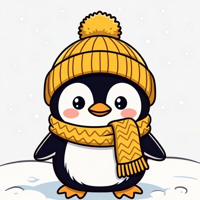 Cute penguin in yellow hat scarf