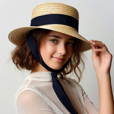 Girl wearing straw hat with navy ribbon