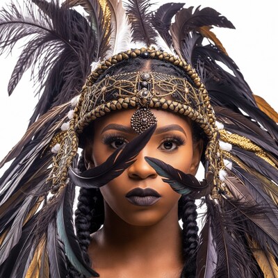 African-American woman in feathered headdress