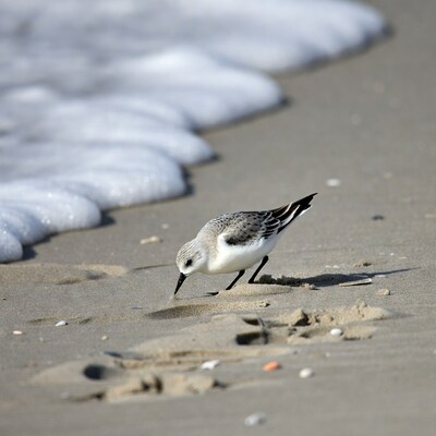 Sanderling foraging on beach sand
