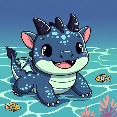 Cute baby dragon in underwater scene