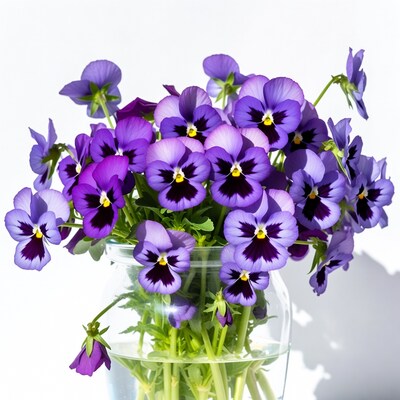 Purple Pansies in Glass Vase
