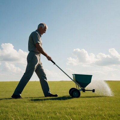 Elderly man spreading fertilizer on grass