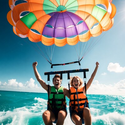 Couple parasailing over ocean