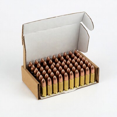 Open box of brass 9mm bullets
