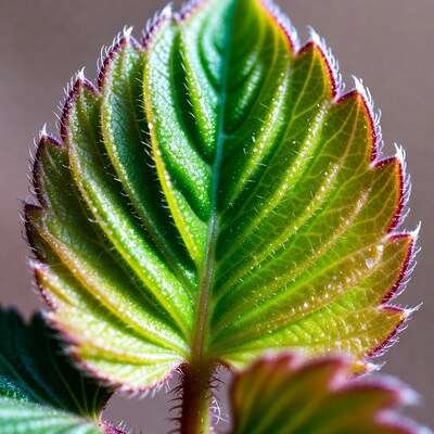 Dewy strawberry leaf closeup