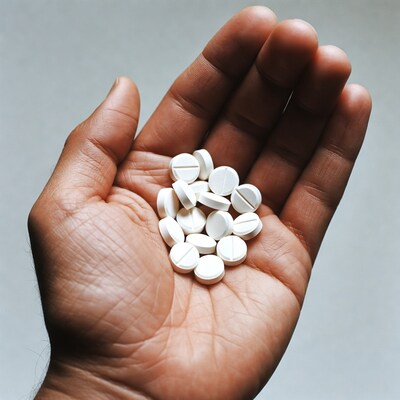 Man's hand holding white pills