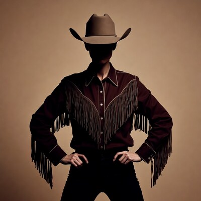 Woman in cowboy hat and fringed shirt